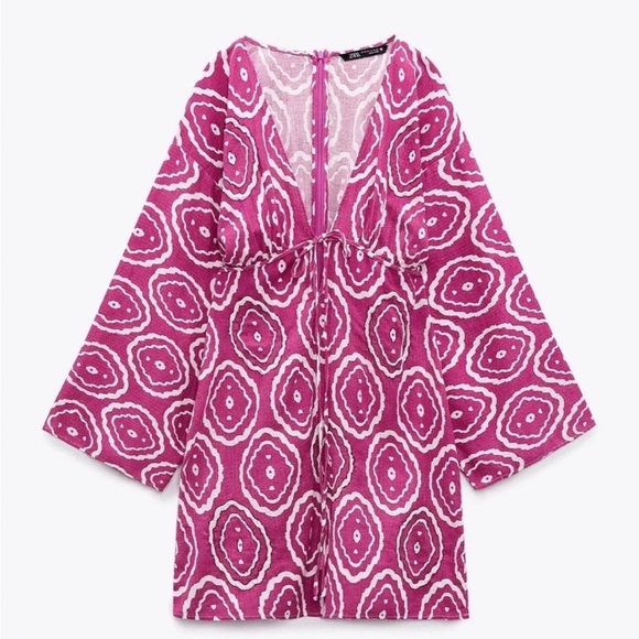 New! Zara pink geometric beaded deep neck cotton/linen mini dress. - Picture 2 of 16